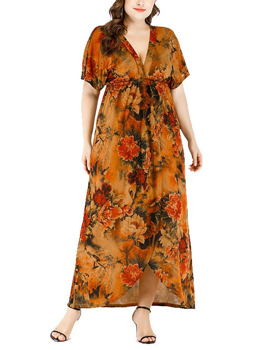 Wendolyn Plus Size V Neck Wrap Neckline Floral Print Short Sleeve Maxi Dress (EXTRA BIG SIZE)