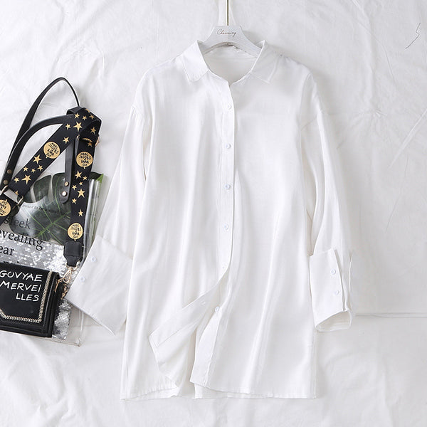 Kirsie Plus Size Silky Sheen White Long Sleeve Shirt Blouse