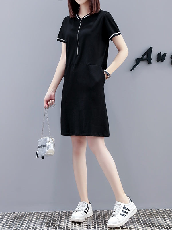 Virnell Plus Size Zipper Baseball Black Short Sleeve Dress