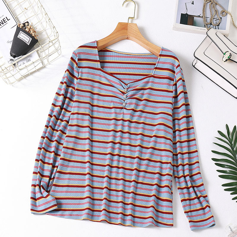Kimberlyn Plus Size Stripes Pearl Long Sleeve Top