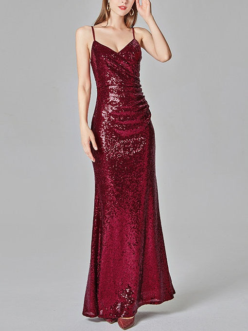 Sonnet Plus Size Prom Wedding Dinner Occasion Evening Dress Gown Red Carpet Red Sequins V Neck Wrap Neckline Thin Strap Sexy Elegant Bodycon Mermaid Without Sleeve Sleeveless Maxi Dress