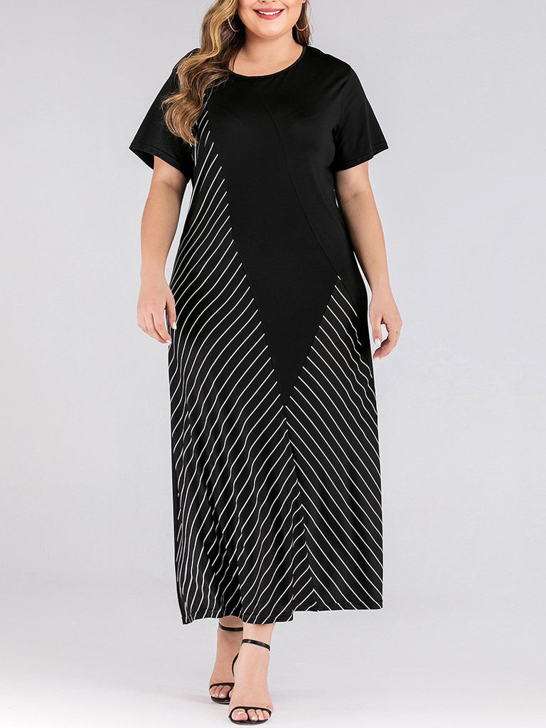 Taryne Plus Size Stripe Asymmetric Short Sleeve Maxi T Shirt Dress (Suitable For Chinese New Year) (EXTRA BIG SIZE)