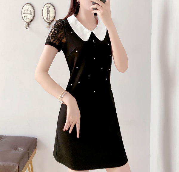 Plus Size Lace And Pearls Collar Short Sleeve Shirt Dress