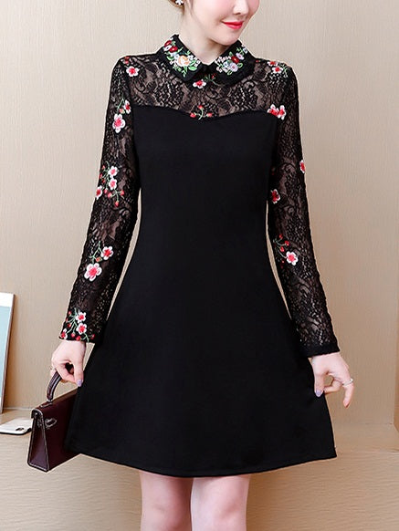 Yvana Plus Size Black Floral Embroidery Swing Long Sleeve Dress
