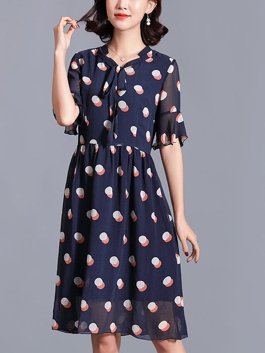Robyn Blue Print Polka Dot Pussybow S/S Dress