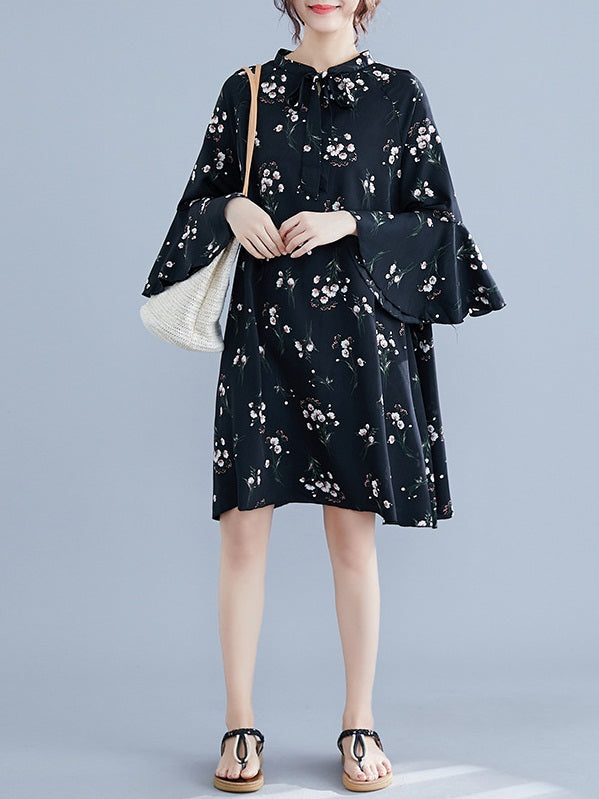 Xaida Plus Size Black Floral Ribbon Bell Sleeve Mid Sleeve Dress (EXTRA BIG SIZE)