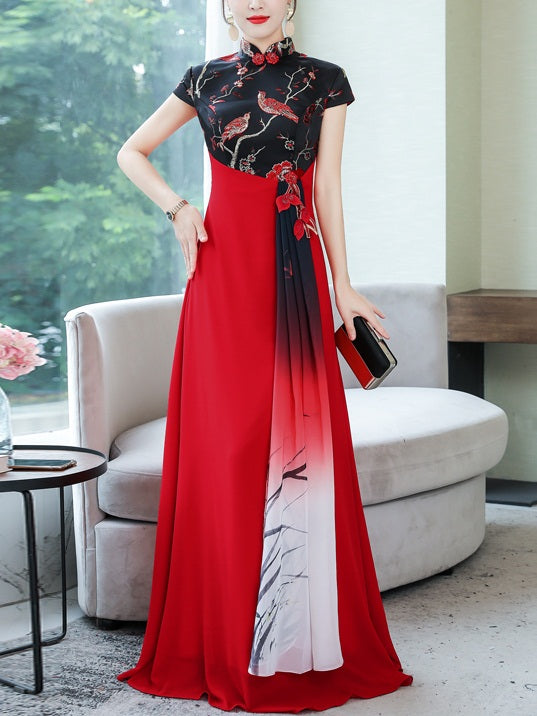 Trilby  Plus Size Cheongsam Qipao Red Layer Japanese Inspired Short Sleeve Maxi Dress Gown (Suitable For Weddings, Chinese New Year, Red Carpet Events, Mother Of The Bride And Occasion Wear) (Red, Black)