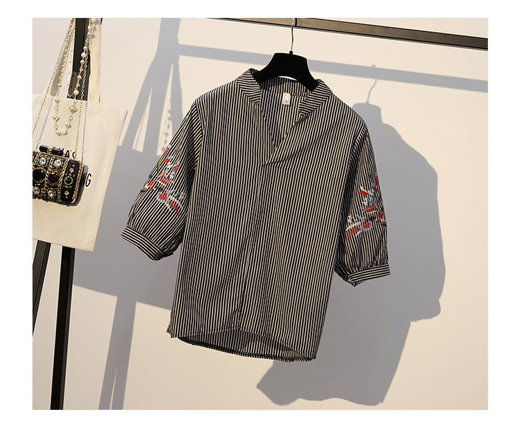 Kati Plus Size Stripes Embroidery Mid Sleeve Top