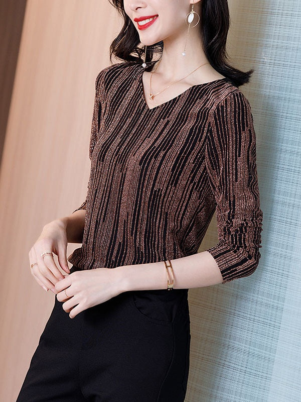 Vega Plus Size Mesh Shimmer V Neck Eyelash Lace Back Long Sleeve Top (Black, Brown)