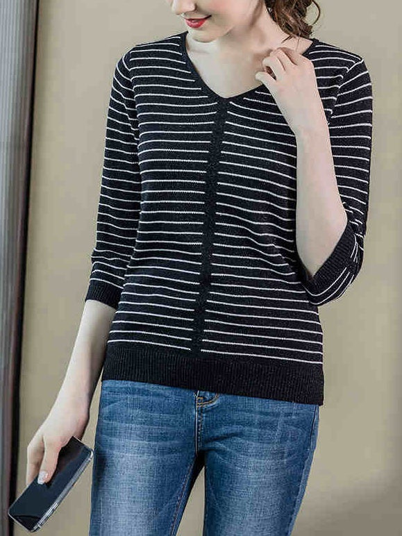 Yayla Plus Size Shimmer Knit V Neck Stripes 3/4 Mid Sleeve Top