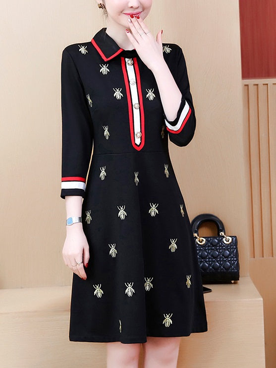 Xochie Plus Size Bee Embroidery Red Trim Chanel-Esque Mid Sleeve Shirt Dress