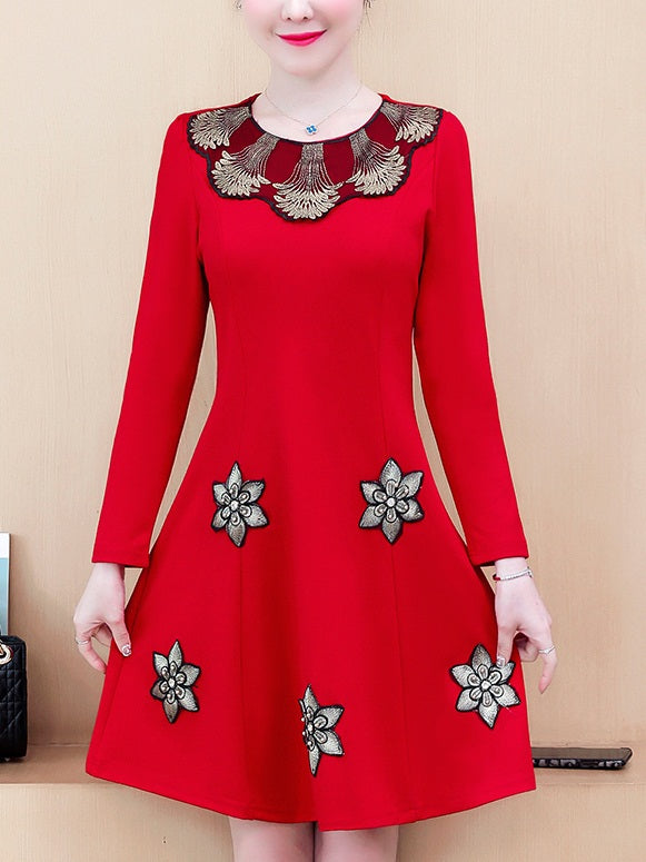 Tottie Plus Size Gold Embroidery Swing Long Sleeve Dress (Suitable For Chinese New Year, Weddings) (Red, Black)