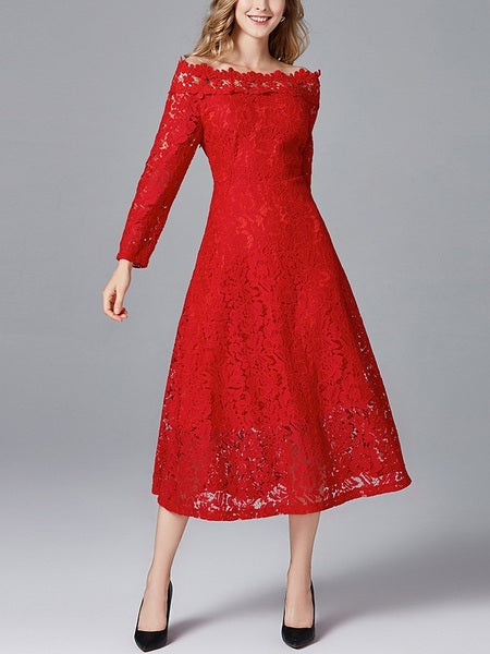Maxima Red Lace Off Shoulder Plus Size Wedding Occasion Evening Long Sleeve Dress