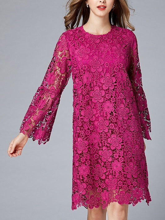 Michael Magenta Purple Crochet Lace Bell Sleeve Plus Size Formal Wedding Occasion L/S Dress