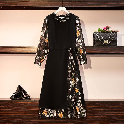 Plus Size Floral Chiffon Layer Long Sleeve Midi Dress