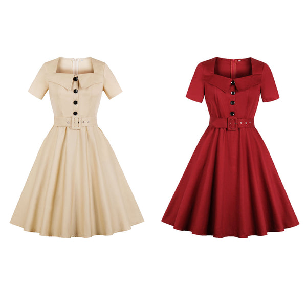 Plus Size Vintage Collar Square Neck Short Sleeve Dress