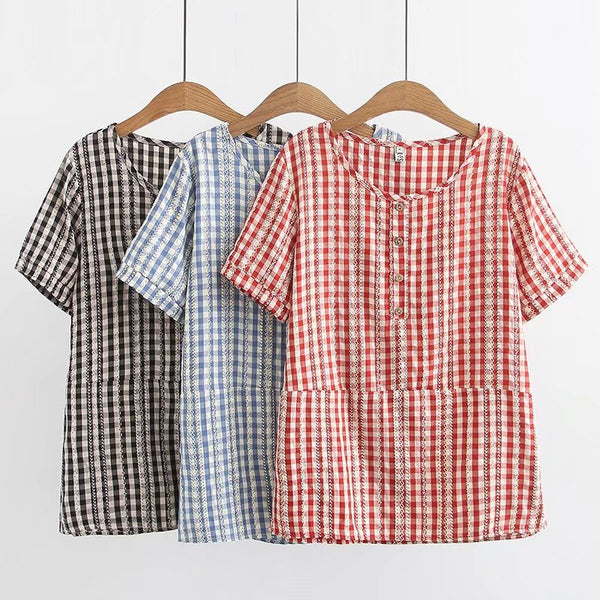 Plus Size Gingham Checks Short Sleeve Top