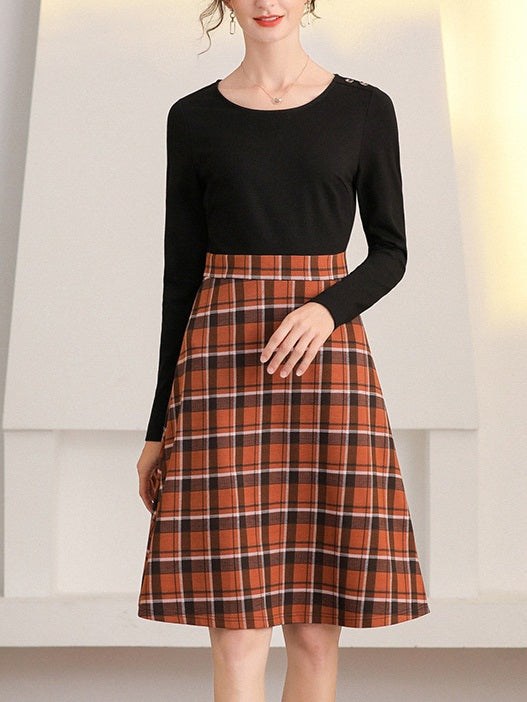 Lazeena Plus Size Orange Checked Work Long Sleeve Dress