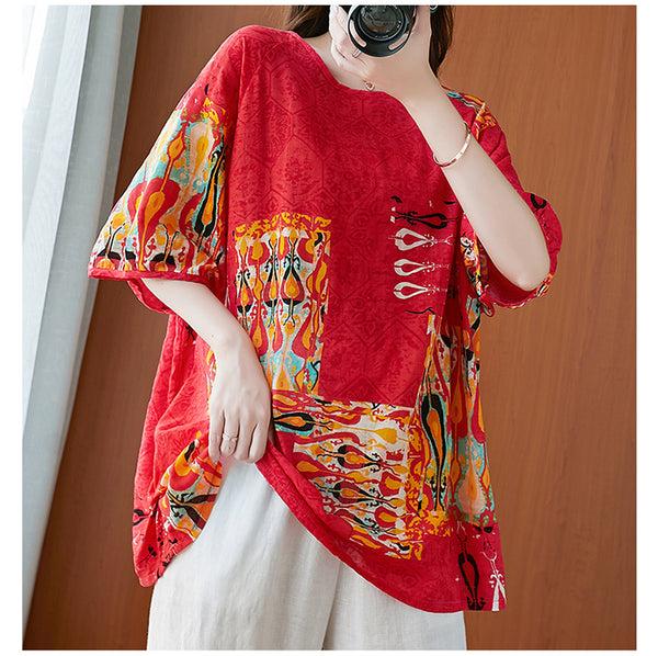 Lennis Plus Size Loose Ethnic Short Sleeve Blouse