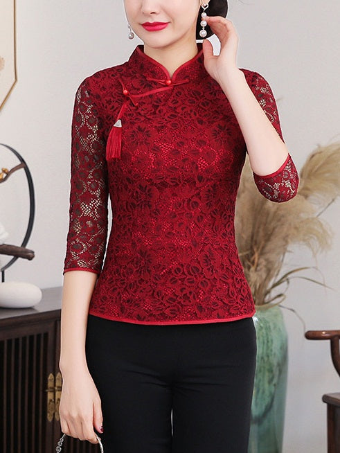 Tayler Plus Size Cheongsam Qipao Lace Mid Sleeve Blouse (Suitable For Chinese New Year, Weddings, Dinners, Company Function) (Red, Green) / Plus Size Black Wide Leg Culottes Pants