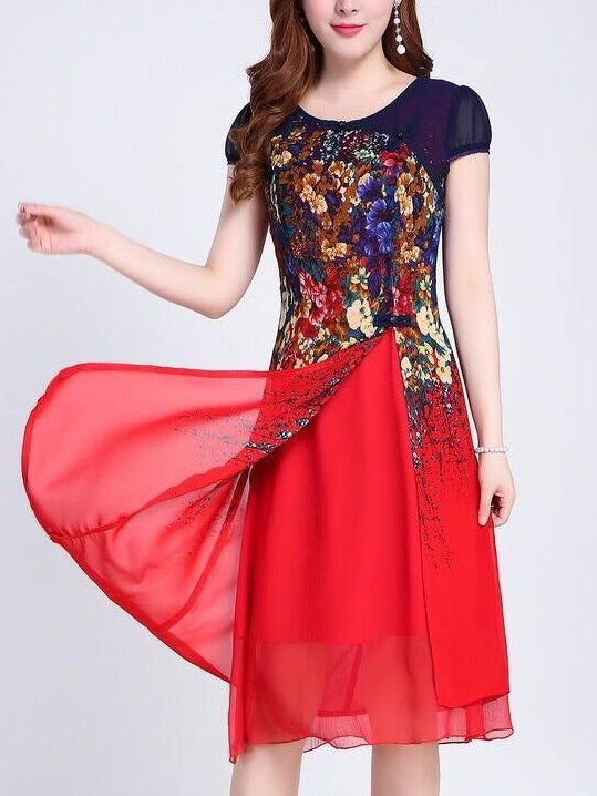 Talisa Plus Size Cheongsam Qipao Casual Work Office Chinese New Year Short Sleeve Dress (Red sleeve, Blue sleeve)