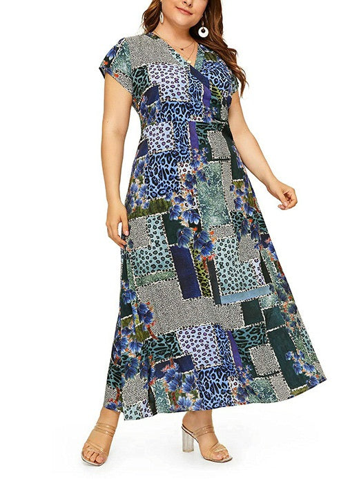Tamiko Plus Size Blue V Neck Tile Mixed Print Short Sleeve Maxi Dress (Suitable For Chinese New Year And Weekends) (EXTRA BIG SIZE)
