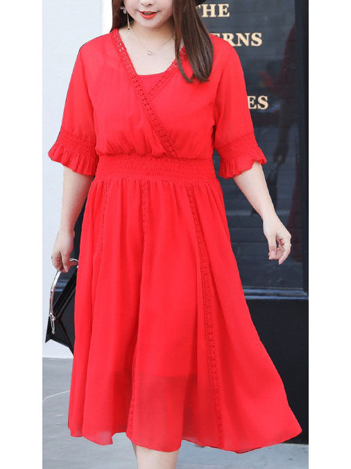Tellervo Plus Size V Neck Chiffon Scrunch Waist Short Sleeve Midi Dress (Black, Red, White)