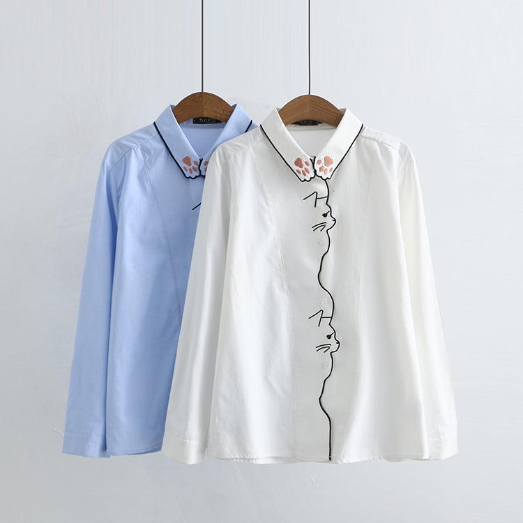 Valleri Plus Size Cat Embroidery Long Sleeve Shirt Blouse (White, Blue) (EXTRA BIG SIZE)