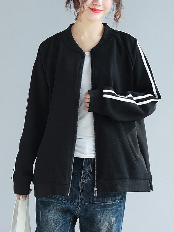 Xaiya Plus Size Autumn Winter Varsity Fleece Zip Up Baseball Jacket (Black, Red)