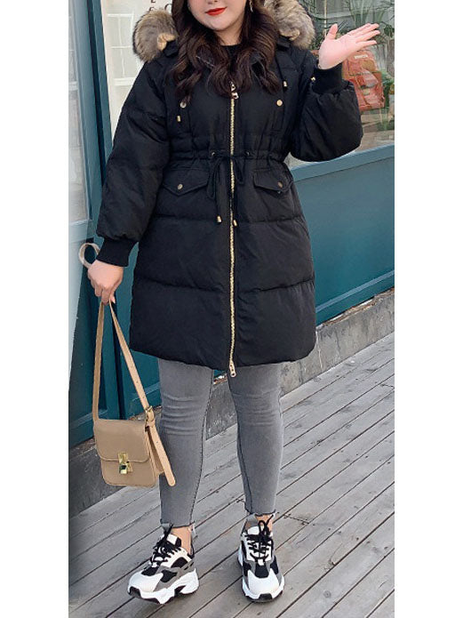 Stacy Plus Size Women's Winter Jacket Fur Hoody Padded Waist Tie Long Winter Jacket (Grey, Black) (EXTRA BIG SIZE)