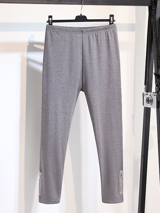 Vyomini Plus Size Embroidery Zip Skinny Leggings Long Pants (EXTRA BIG SIZE) (Grey, Black)