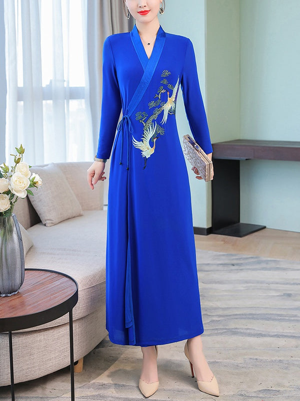 Trillian  Plus Size Chinese Cranes Embroidery Kimono V Neck Mid Sleeve Maxi Dress (Suitable For Weddings, Chinese New Year,  Mother Of The Bride And Weekends) (Blue, Black)