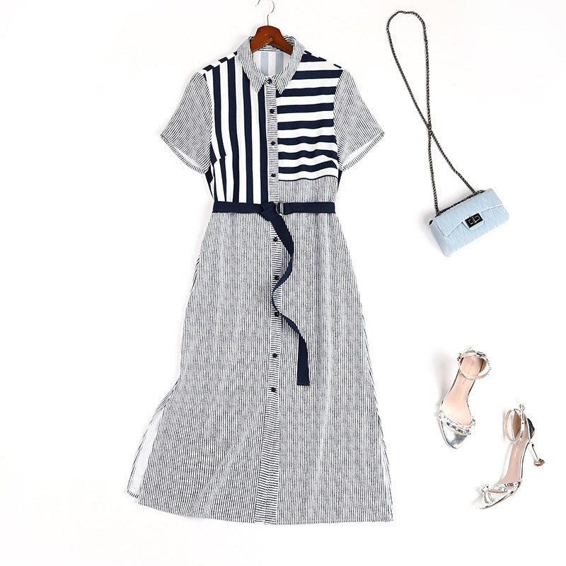 Plus Size Stripes Layer Belted Short Sleeve Midi Shirt Dress