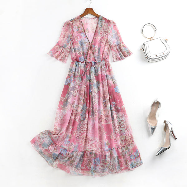 Plus Size Pink Floral V Neck Short Sleeve Midi Dress