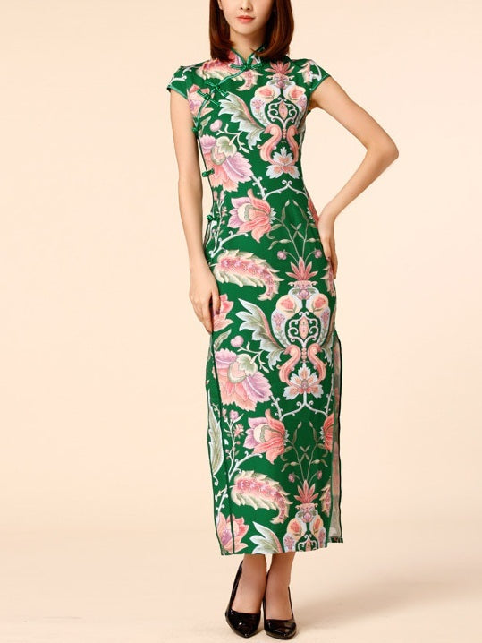 (M-3XL) Kallie Green Plus Size Cheongsam Qipao Short SleeveMaxi Dress