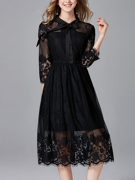 Maximilienne Black Lace Midi Bow Plus Size Wedding Occasion Evening Mid Sleeve Shirt Dress