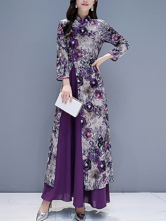 Purple Plus Size Cheongsam Qipao Plus Size Occasion Evening Wedding 3/4 Mid Sleeve Maxi Dress