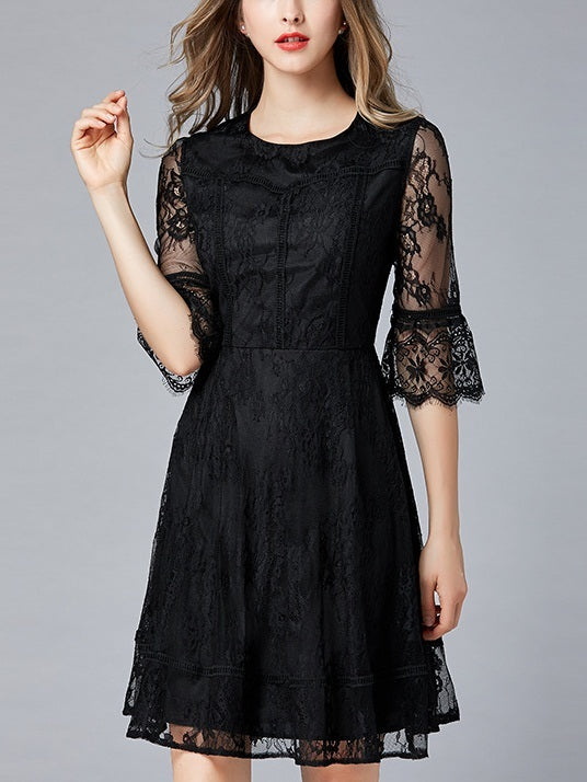 Michaela Black Bell Sleeve Lace Plus Size Formal Wedding Occasion Mid Sleeve Dress