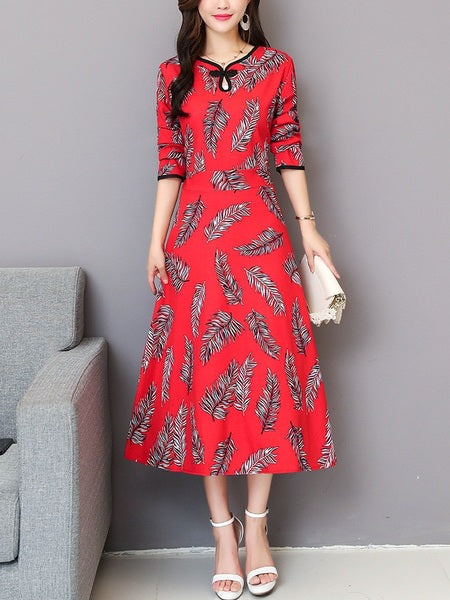 Medb (Bust 95-120CM) Leafs Plus Size Cheongsam  Qipao Midi Dress