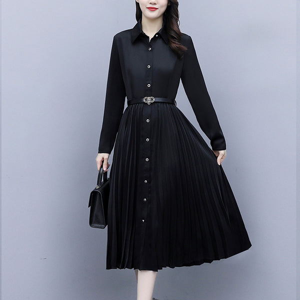 Plus Size Belted Pleat Long Sleeve Midi Shirt Dress