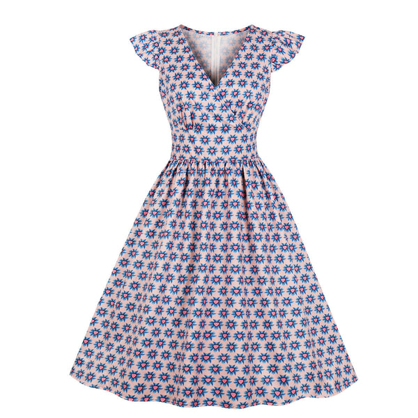 Plus Size Pink Cap Sleeve Wrap V Neck Vintage Short Sleeve Dress