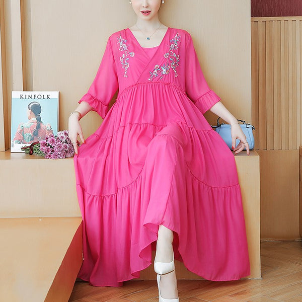 Plus Size Embroidered Wrap Tier V Neck Short Sleeve Midi Dress