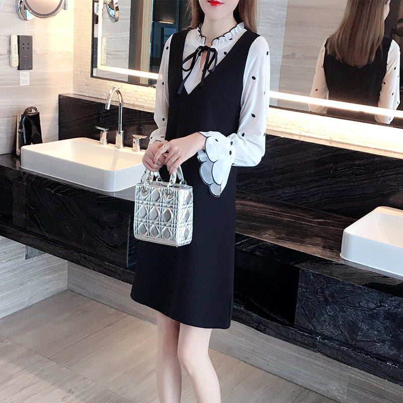 Plus Size Scallop Polka Dots Long Sleeve Dress