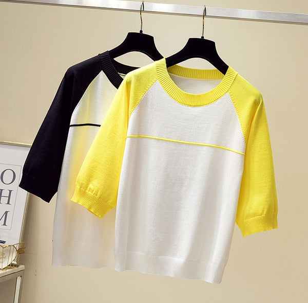Zakiyah Plus Size Knit Colourblock 3/4 Mid Sleeve T Shirt Top (Black, Yellow)