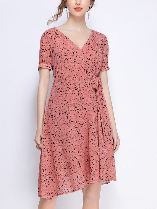 Pili Pink Polka Dots Chiffon Wrap V Neck Waist Tie Dress