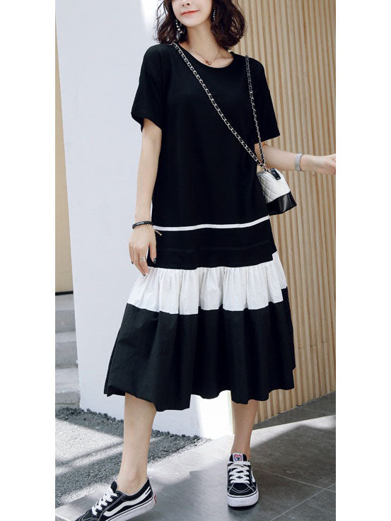 Visnja Plus Size Black And White Colourblock Loose Short Sleeve T Shirt Midi Dress (White Upper, Black Upper)
