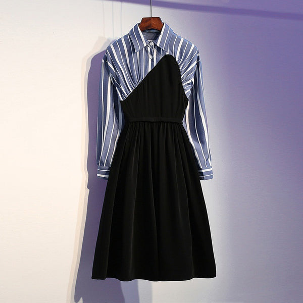 Sherrell Blue Stripes Black Colourblock L/S Midi Shirt Dress