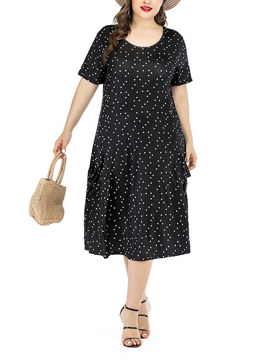 Wenona Plus Size Black Polka Dots Print Pockets Short Sleeve Midi Dress (EXTRA BIG SIZE)