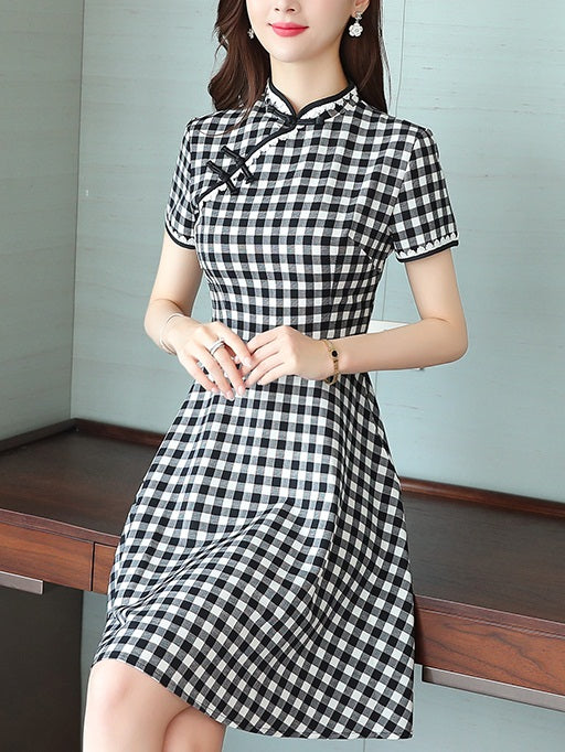 Toulane Plus Size Gingham Checks Cheongsam Qipao Swing Short Sleeve Dress