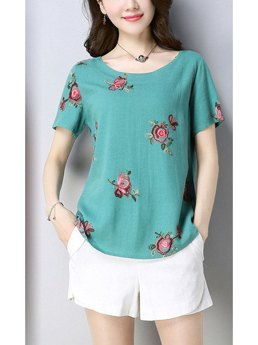 Trillium Plus Size Floral Embroidery Loose Short Sleeve Blouse (Red, White, Blue, Orange, Green)